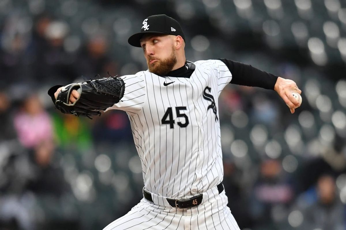 Apr 2, 2024; Chicago, Illinois, USA; Chicago White Sox starting pitcher Garrett Crochet (45) pitches during the first inning against the Atlanta Braves at Guaranteed Rate Field.