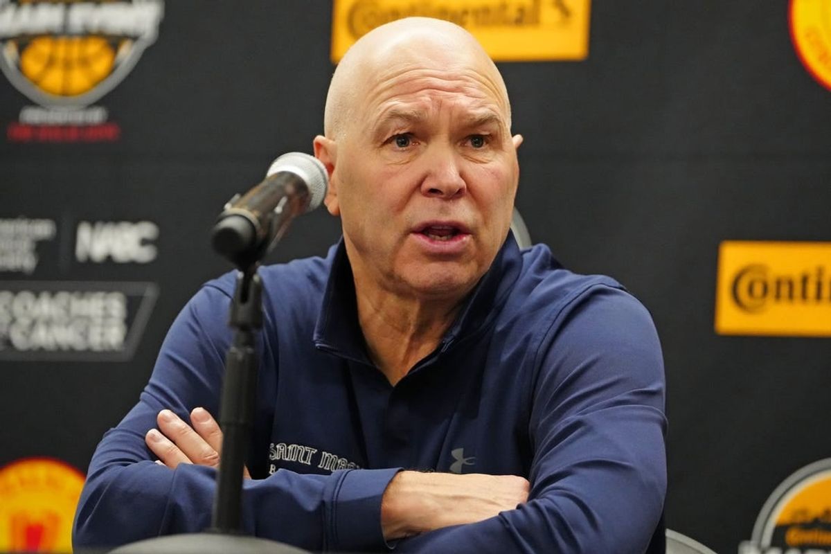 Nov 17, 2023; Las Vegas, NV, USA; Saint Mary's Gaels coach Randy Bennett answers questions after the San Diego State Aztecs defeated the Gaels 79-54 at T-Mobile Arena.
