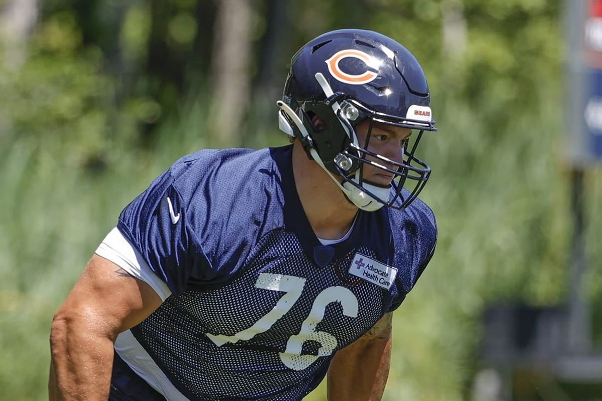 Jun 16, 2021; Lake Forest, Illinois, USA; Chicago Bears guard Teven Jenkins in action during minicamp at Halas Hall.