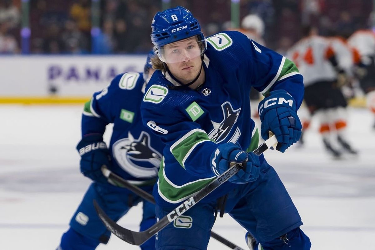 Dec 28, 2023; Vancouver, British Columbia, CAN; Vancouver Canucks forward Brock Boeser (6) shoots during warm up prior to a game against the Philadelphia Flyers at Rogers Arena.