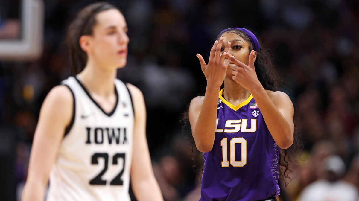 Angel Reese gives it back to Caitlin Clark after winning the national championship.
