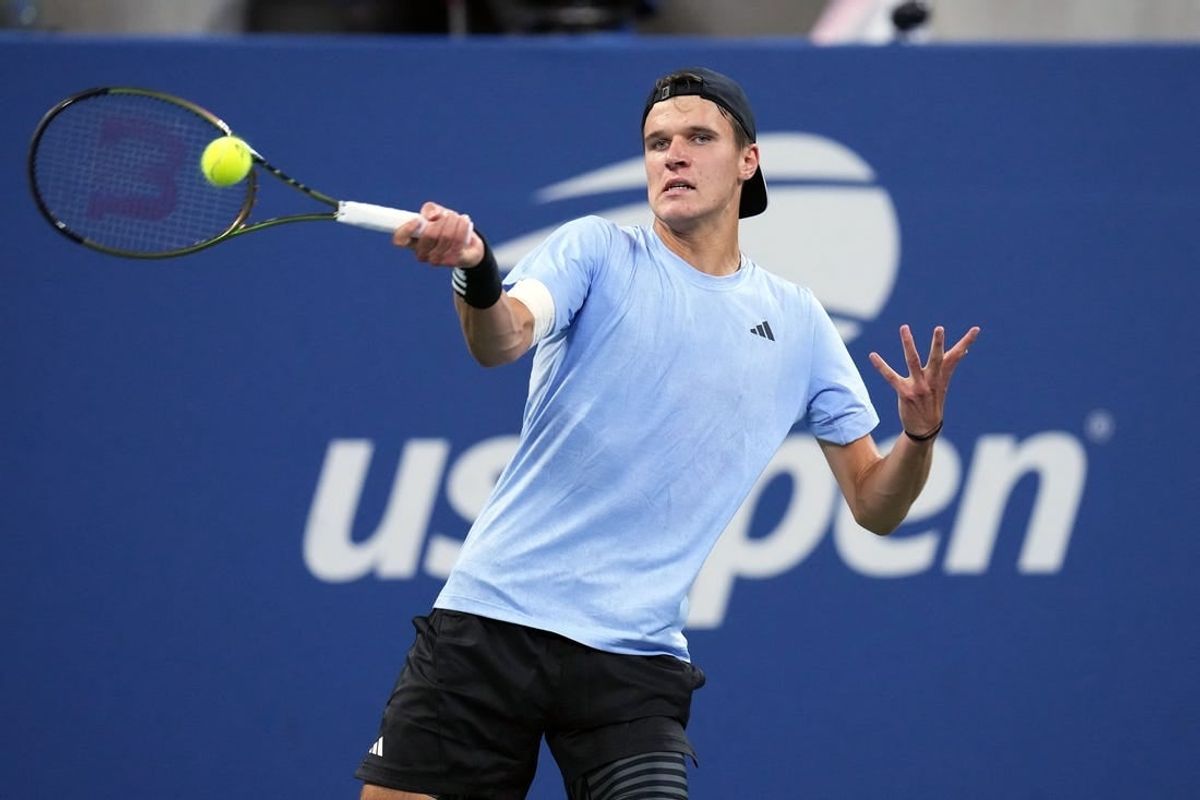 Sep 1, 2023; Flushing, NY, USA; Jakub Mensik of the Czech Republic hits to Taylor Fritz of the United States on day five of the 2023 U.S. Open tennis tournament at USTA Billie Jean King National Tennis Center.