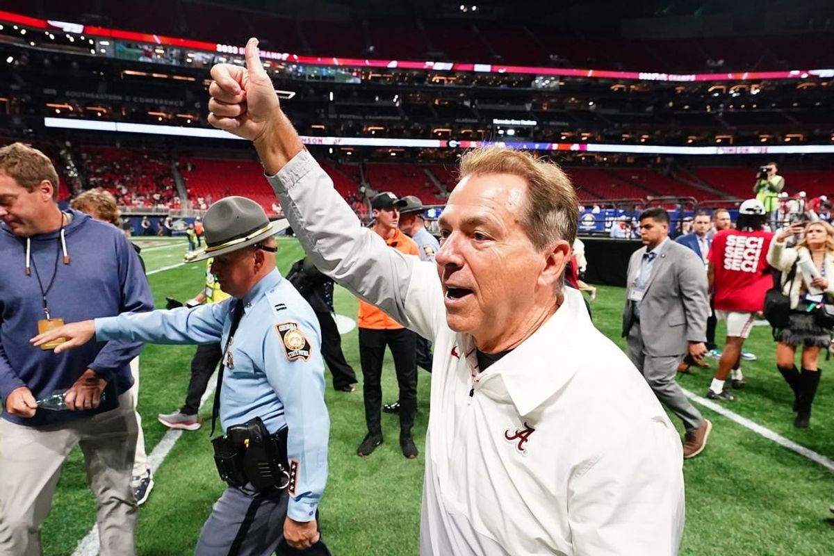 Dec 2, 2023; Atlanta, GA, USA; Alabama Crimson Tide head coach Nick Saban leaves the field after defeating the Georgia Bulldogs in the SEC Championship at Mercedes-Benz Stadium.