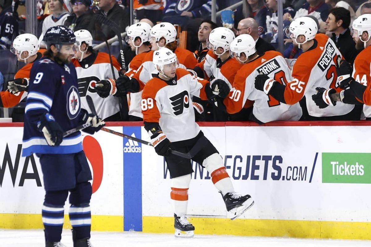 Jan 13, 2024; Winnipeg, Manitoba, CAN; Philadelphia Flyers right wing Cam Atkinson (89) celebrates his second period goal against the Winnipeg Jets at Canada Life Centre.