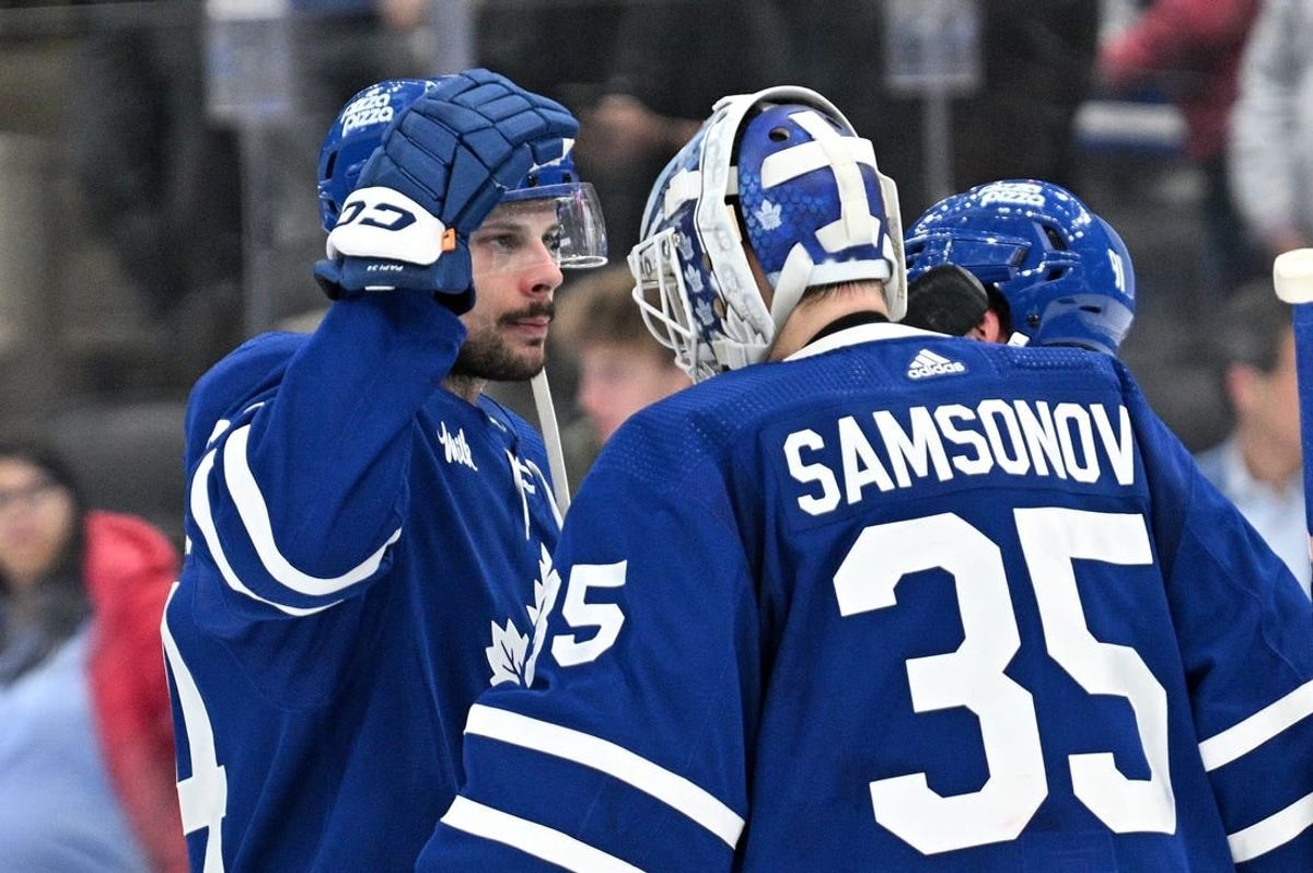 Apr 1, 2024; Toronto, Ontario, CAN; Toronto Maple Leafs forward Auston Matthews (34) greets goalie Ilya Samsonov (35) after a win over the Florida Panthers at Scotiabank Arena.
