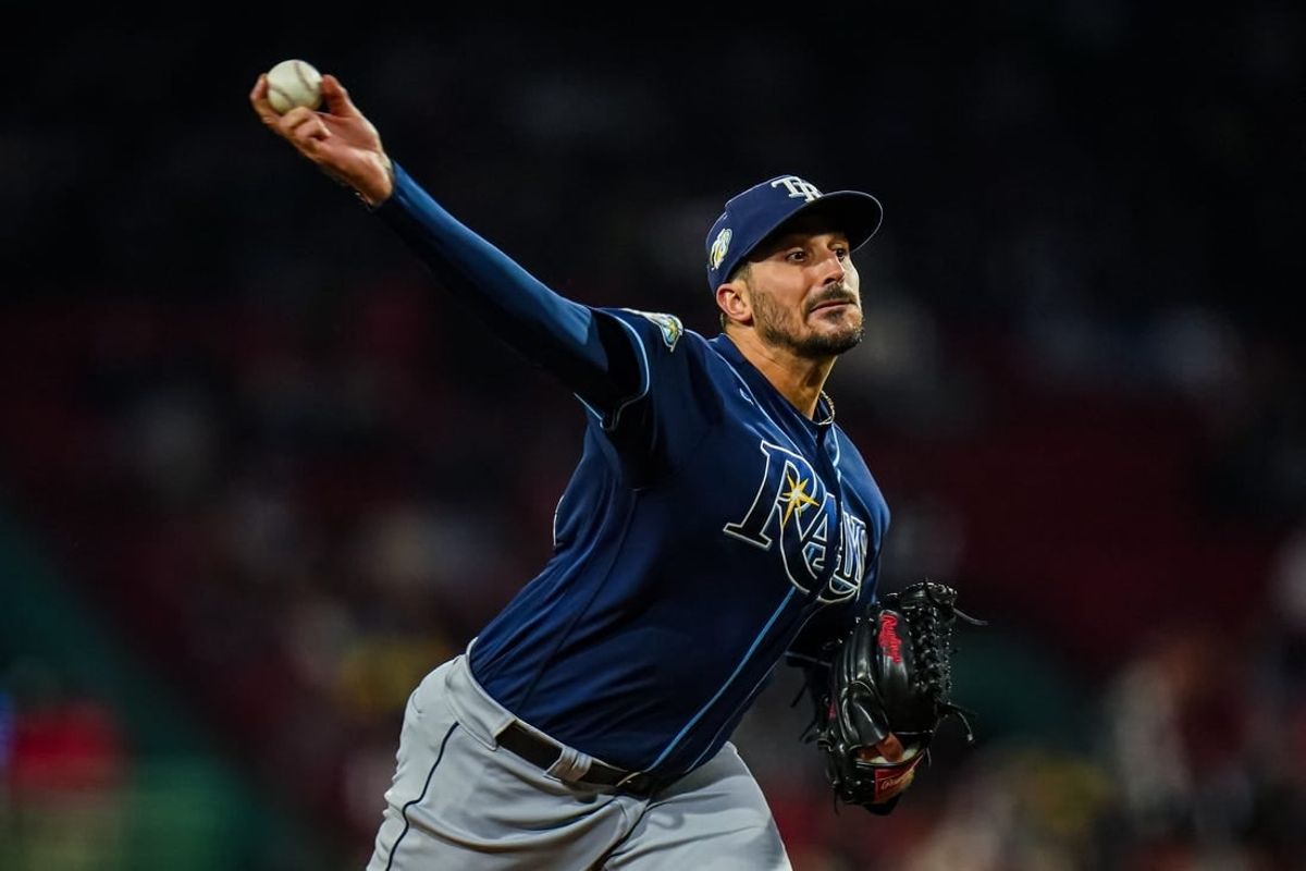 Sep 26, 2023; Boston, Massachusetts, USA; Tampa Bay Rays starting pitcher Zach Eflin (24) throws a pitch against the Boston Red Sox in the first inning at Fenway Park.