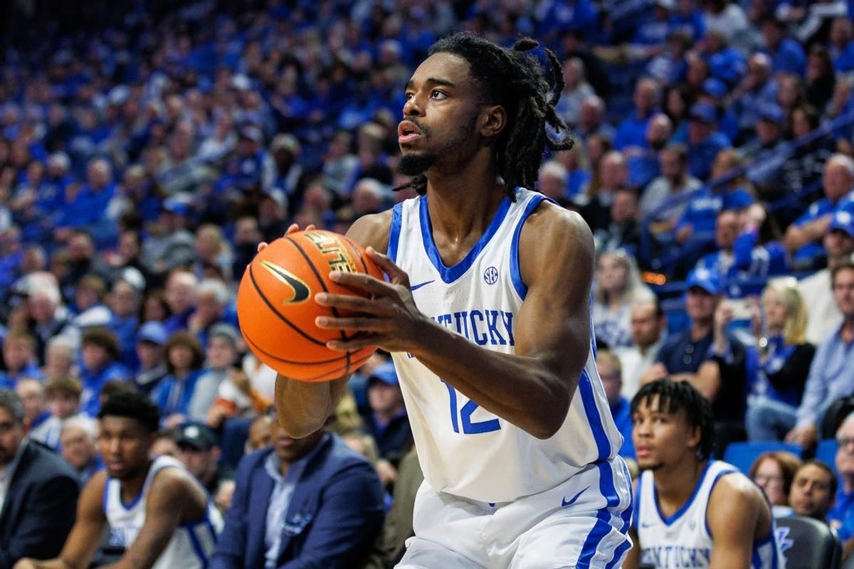 Jan 9, 2024; Lexington, Kentucky, USA; Kentucky Wildcats guard Antonio Reeves (12) shoots the ball during the second half against the Missouri Tigers at Rupp Arena at Central Bank Center.