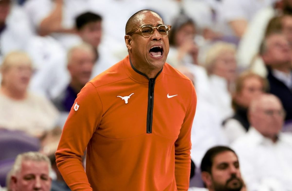 Feb 3, 2024; Fort Worth, Texas, USA; Texas Longhorns head coach Rodney Terry reacts during the game against the TCU Horned Frogs at Ed and Rae Schollmaier Arena.