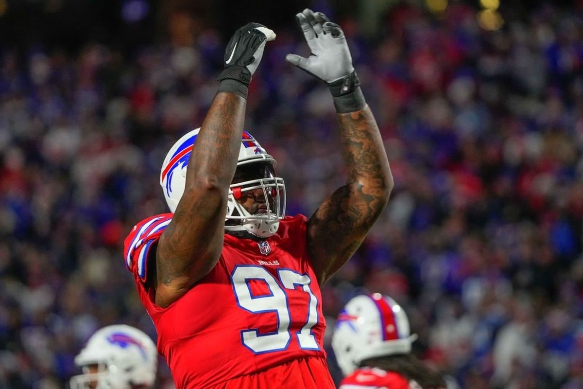 Oct 15, 2023; Orchard Park, New York, USA; Buffalo Bills defensive tackle Jordan Phillips (97) during the first half against the New York Giants at Highmark Stadium.