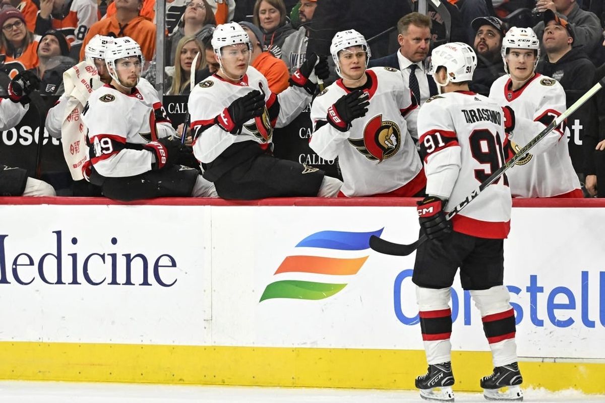 Jan 21, 2024; Philadelphia, Pennsylvania, USA; Ottawa Senators right wing Vladimir Tarasenko (91) celebrates his goal with teammates against the Philadelphia Flyers during the third period at Wells Fargo Center.