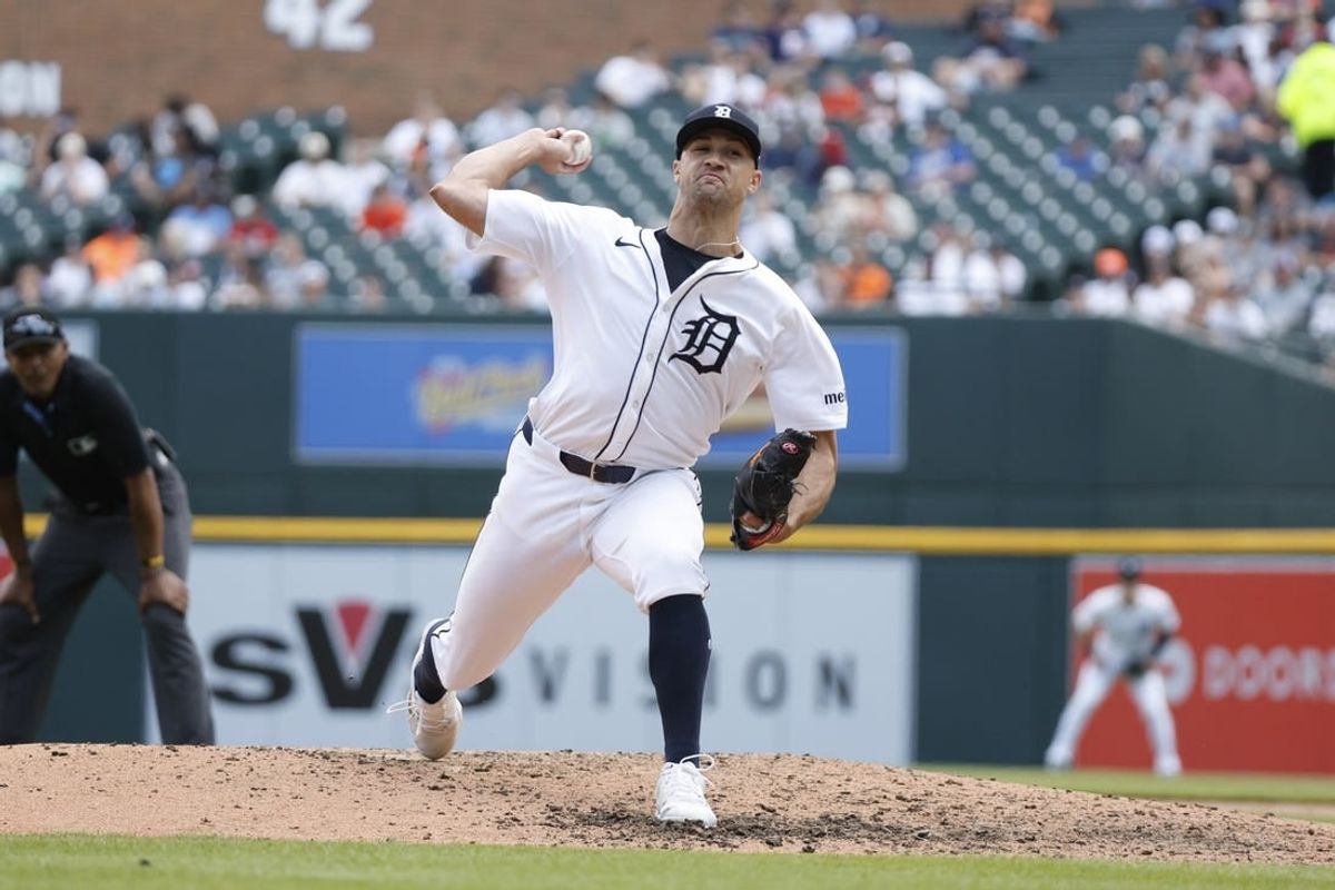 Apr 14, 2024; Detroit, Michigan, USA; Detroit Tigers pitcher Jack Flaherty (9) throws during the game against the Minnesota Twins at Comerica Park.