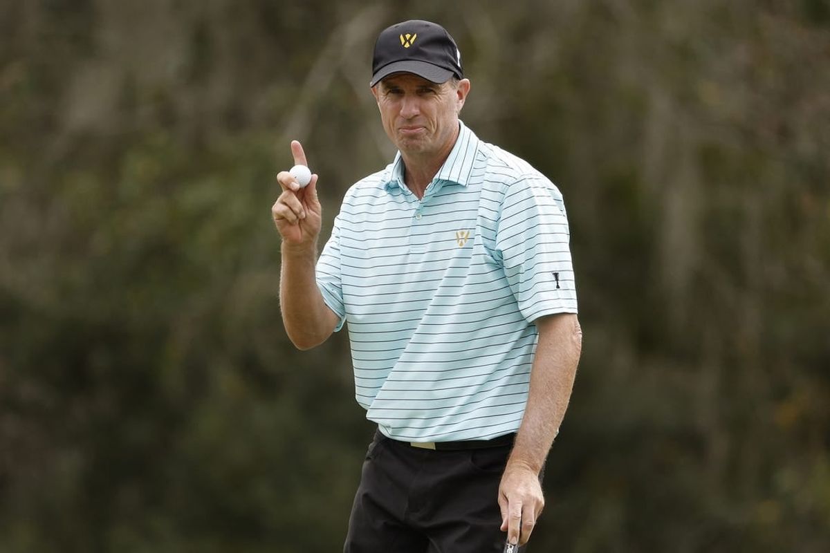 Dec 10, 2023; Bradenton, Florida, USA; Team International s Steven Alker reacts to an eagle putt on the eighth hole during their afternoon round at The Concession Golf Club.