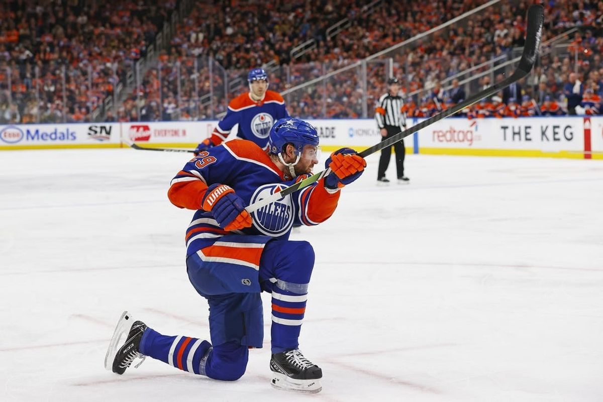 Apr 10, 2024; Edmonton, Alberta, CAN; Edmonton Oilers forward Leon Draisaitl (29) scores a goal during the third period against the Vegas Golden Knights at Rogers Place.
