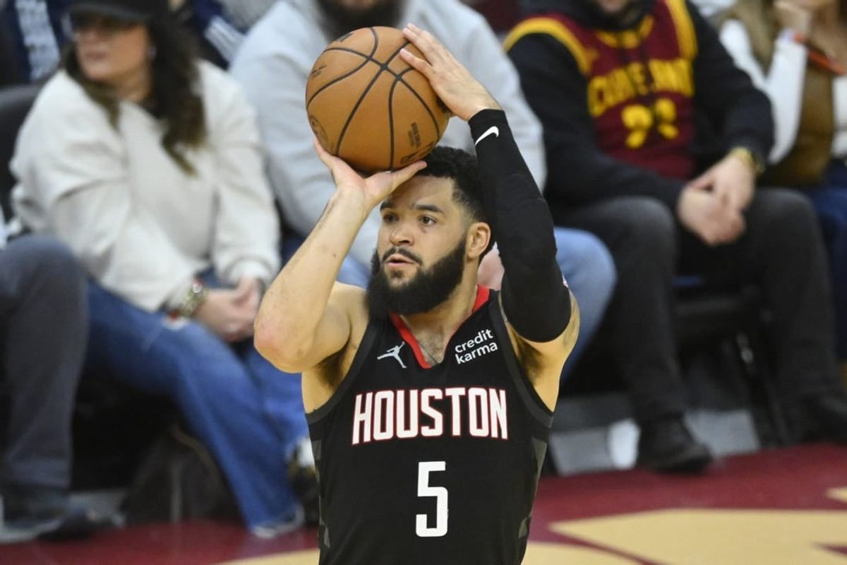 Dec 18, 2023; Cleveland, Ohio, USA; Houston Rockets guard Fred VanVleet (5) shoots in the fourth quarter against the Cleveland Cavaliers at Rocket Mortgage FieldHouse.