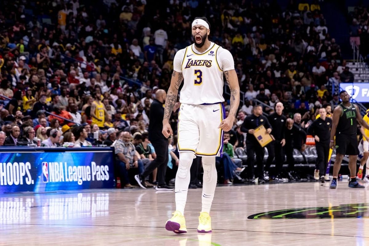 Apr 14, 2024; New Orleans, Louisiana, USA; Los Angeles Lakers forward Anthony Davis (3) reacts to a play against the New Orleans Pelicans during the first half at Smoothie King Center.