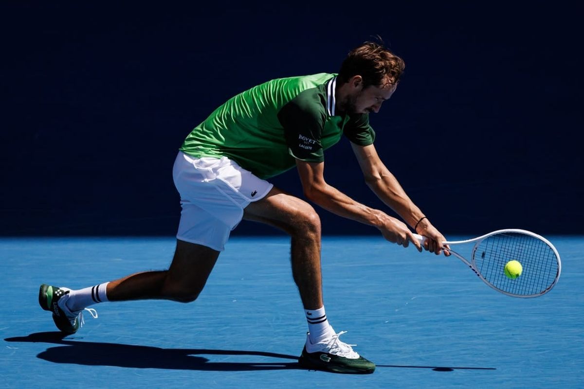 Jan 22, 2024; Melbourne, Victoria, Australia; Daniil Medvedev of Russia hits a shot against Nuno Borges of Portugal in the fourth round of the men   s singles at the Australian Open in Melbourne.