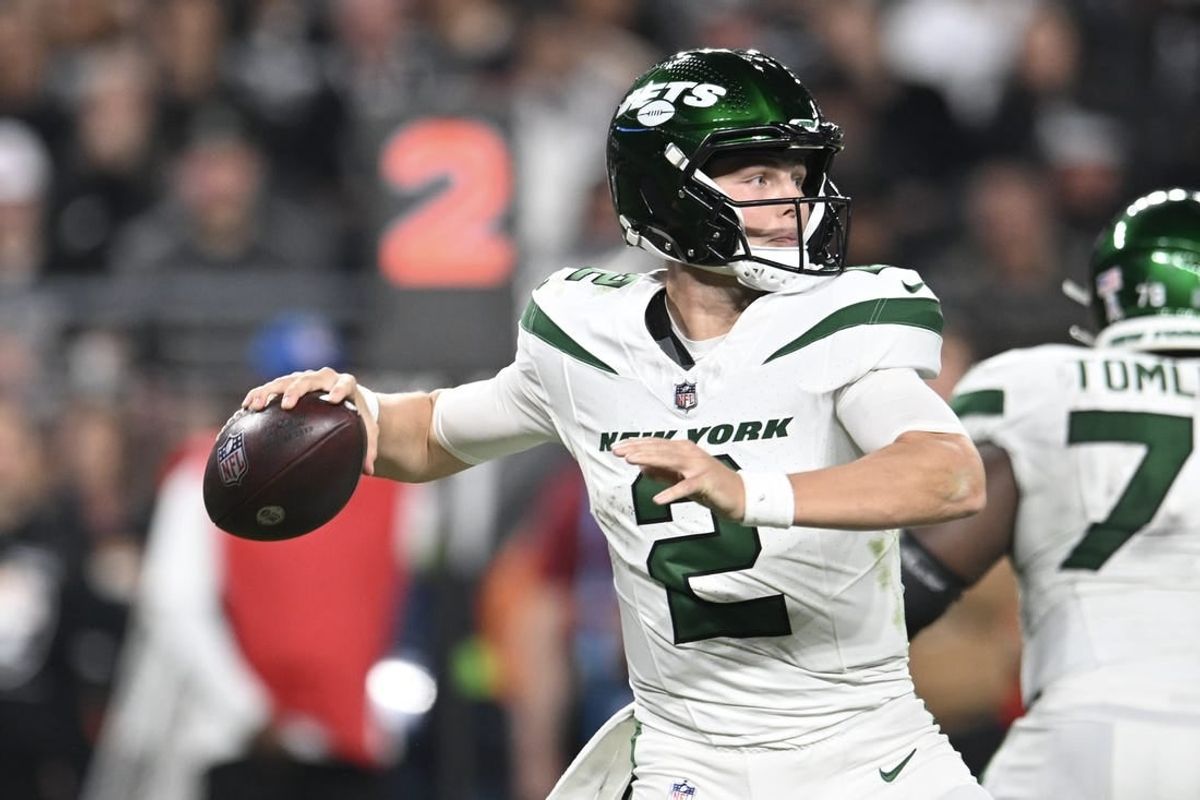 Nov 12, 2023; Paradise, Nevada, USA; New York Jets quarterback Zach Wilson (2) looks to make a pass against the Las Vegas Raiders in the second quarter at Allegiant Stadium.