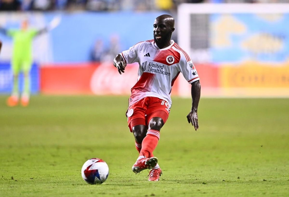 May 20, 2023; Philadelphia, Pennsylvania, USA; New England Revolution midfielder Emmanuel Boateng (18) passes the ball against the Philadelphia Union in the second half at Subaru Park.