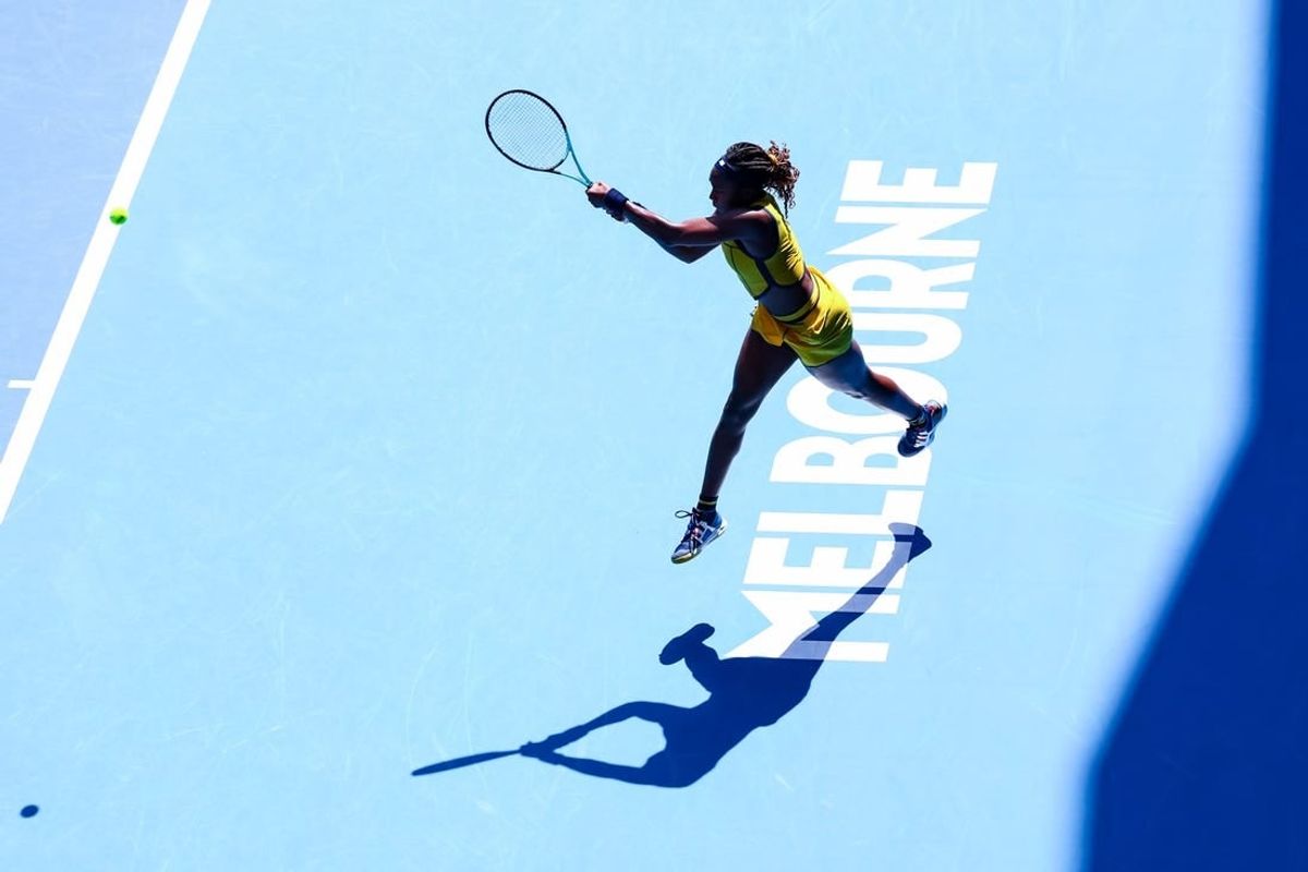 Jan 17, 2024; Melbourne, Victoria, Australia; Coco Gauff of the United States plays a shot against Caroline Dolehide (not pictured) also of the United States in Round 2 of the Women's Singles on Day 4 of the Australian Open tennis at Margaret Court Arena.