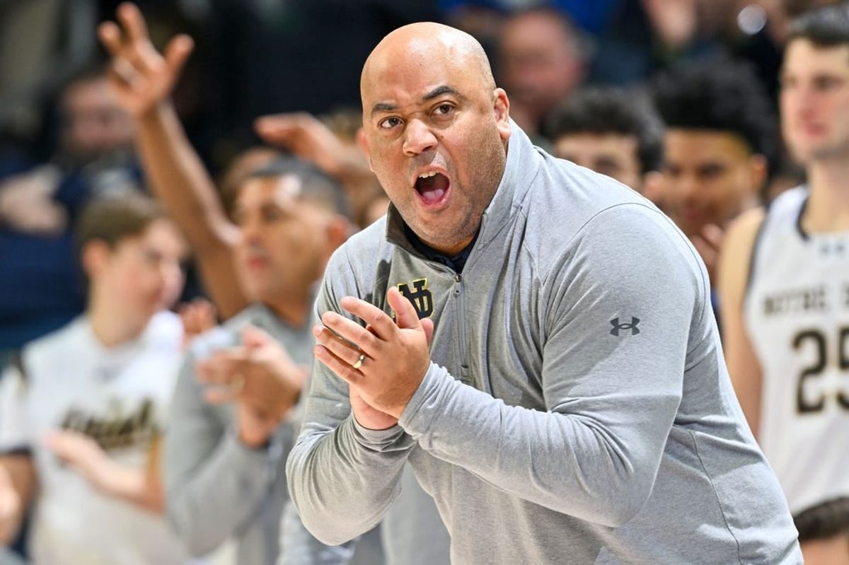 Dec 16, 2023; South Bend, Indiana, USA; Notre Dame Fighting Irish head coach Micah Shrewsberry reacts in the second half against the Georgetown Hoyas at the Purcell Pavilion.