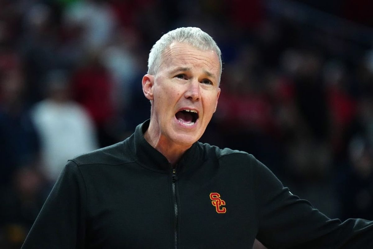 Mar 14, 2024; Las Vegas, NV, USA; Southern California Trojans head coach Andy Enfield reacts against the Arizona Wildcats in the first half at T-Mobile Arena.