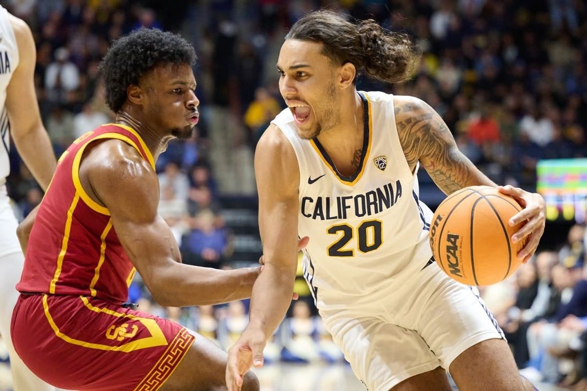 Feb 7, 2024; Berkeley, California, USA; California Golden Bears guard Jaylon Tyson (20) dribbles the ball against USC Trojans guard Bronny James (6) during the first half at Haas Pavilion.