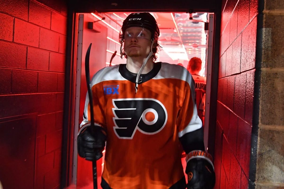 Jan 8, 2024; Philadelphia, Pennsylvania, USA; Philadelphia Flyers right wing Owen Tippett (74) in the tunnel before game against the Pittsburgh Penguins at Wells Fargo Center.