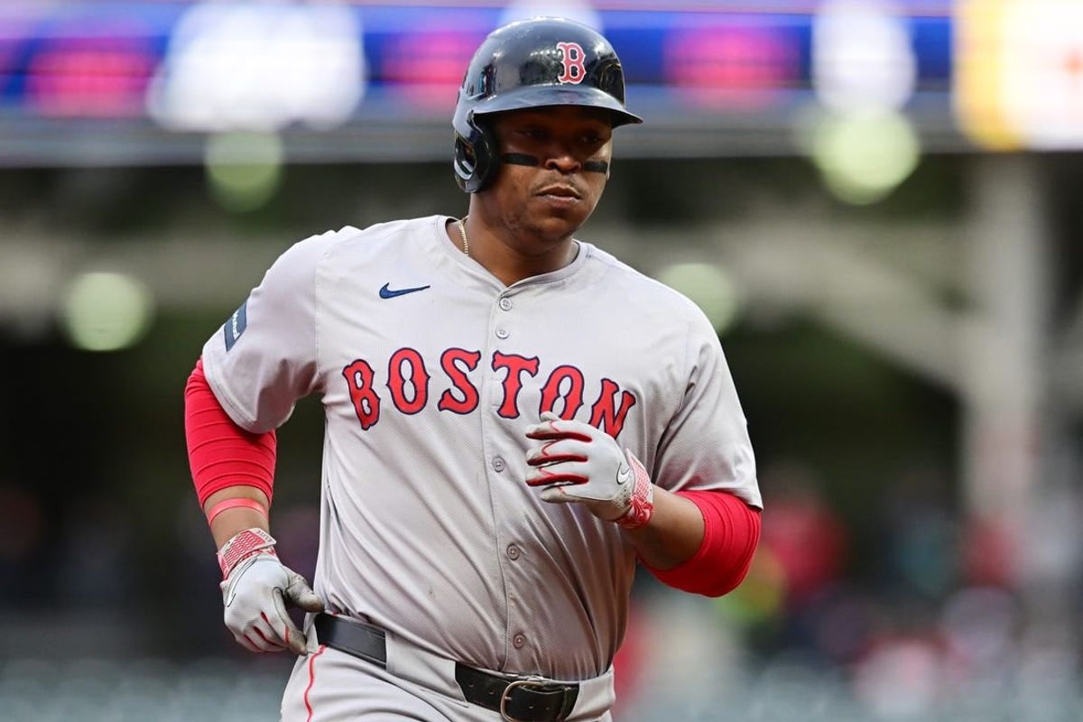 Apr 24, 2024; Cleveland, Ohio, USA; Boston Red Sox designated hitter Rafael Devers (11) rounds the bases after hitting a home run during the fifth inning against the Cleveland Guardians at Progressive Field.