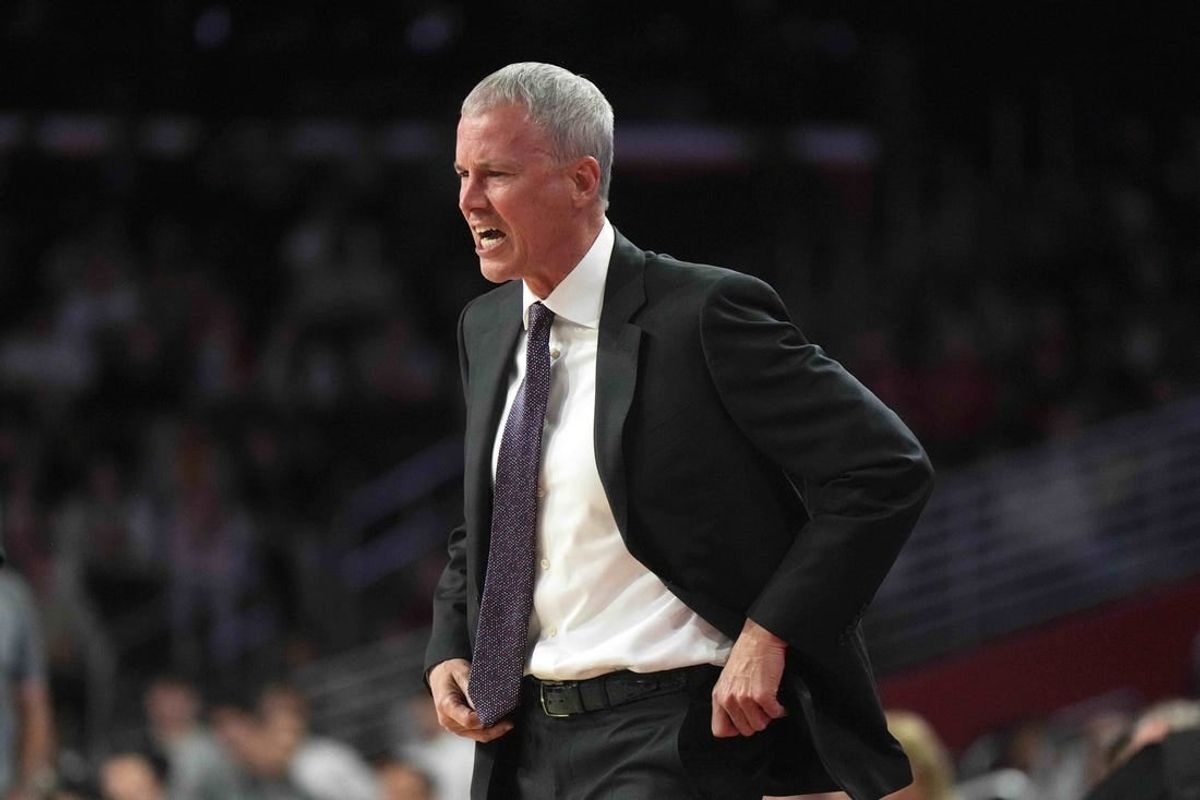Nov 14, 2023; Los Angeles, California, USA; Southern California Trojans head coach Andy Enfield reacts against the UC Irvine Anteaters in the first half at Galen Center.