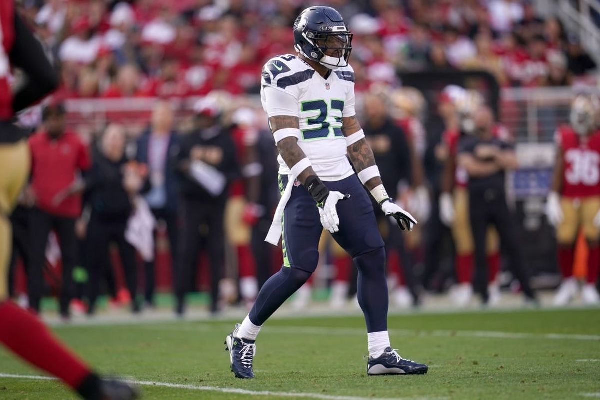 Dec 10, 2023; Santa Clara, California, USA; Seattle Seahawks safety Jamal Adams (33) reacts after breaking up a pass attempt against the San Francisco 49ers in the first quarter at Levi's Stadium.