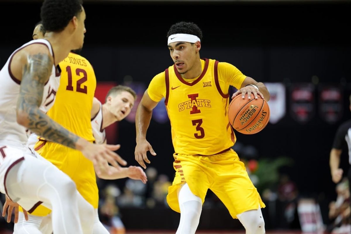 Nov 24, 2023; Kissimmee, FL, USA; Iowa State Cyclones guard Tamin Lipsey (3) controls the ball against the Virginia Tech Hokies in the second half  during the ESPN Events Invitational Semifinal at State Farm Field House.