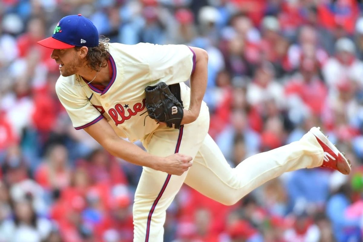 Apr 21, 2024; Philadelphia, Pennsylvania, USA; Philadelphia Phillies pitcher Aaron Nola (27) against the Chicago White Sox during the eighth inning at Citizens Bank Park.