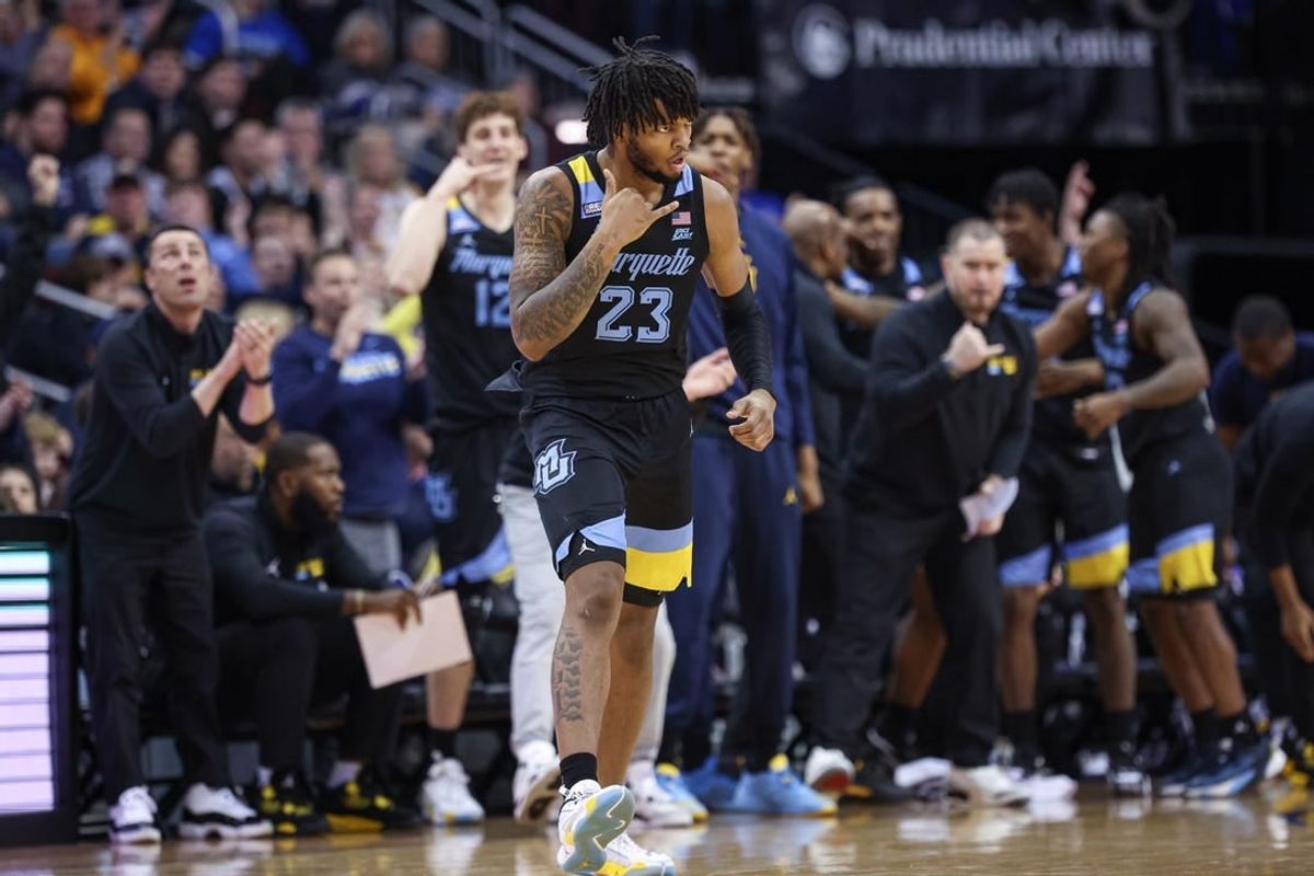 Jan 6, 2024; Newark, New Jersey, USA; Marquette Golden Eagles forward David Joplin (23) reacts after making a three point basket against the Seton Hall Pirates during the second half at Prudential Center.