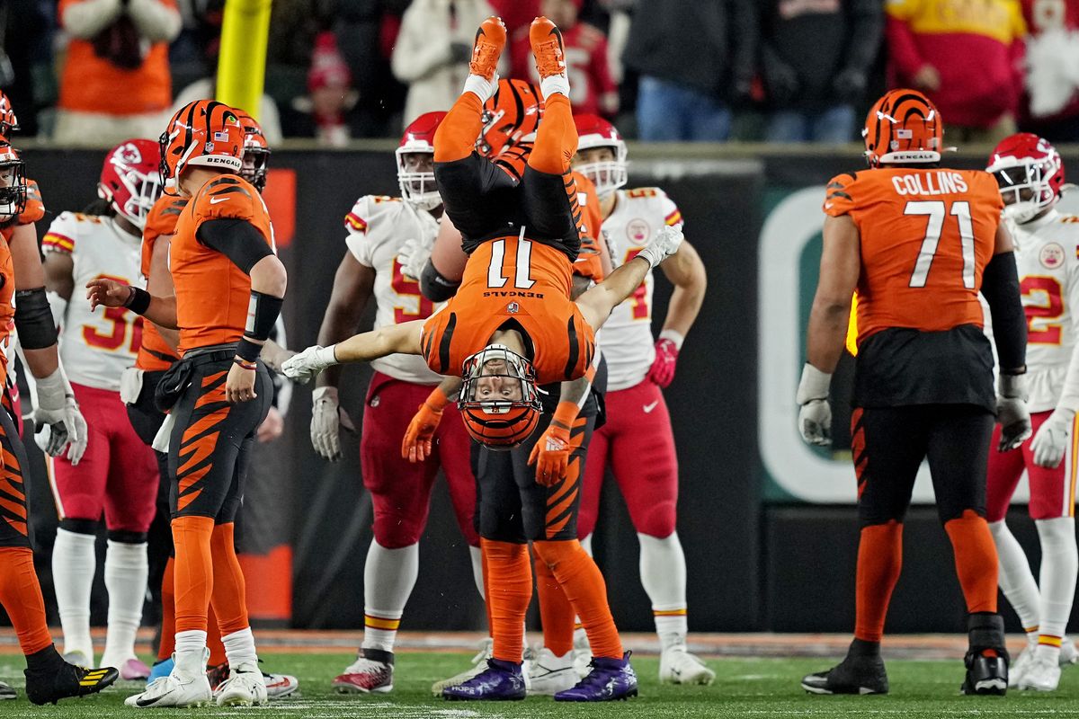 The Bengals’ Trent Taylor does a flip