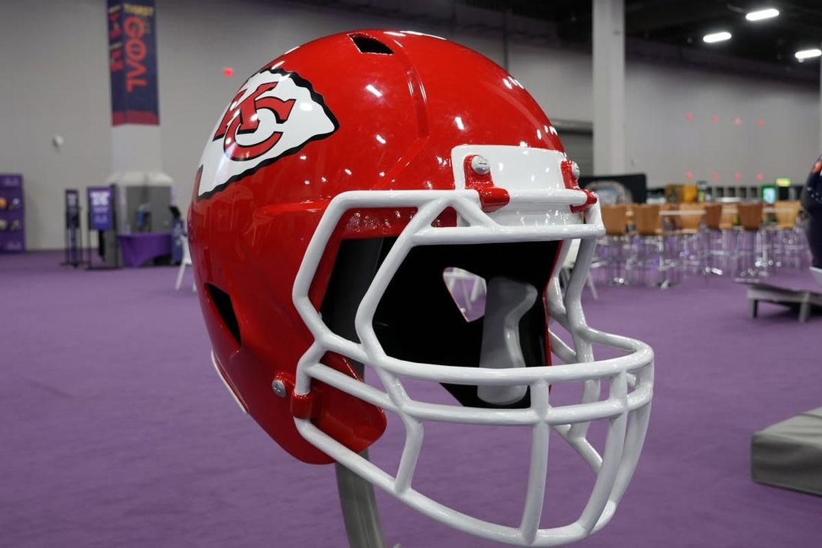 Feb 9, 2024; Las Vegas, NV, USA; A large Kansas City Chiefs helmet at the NFL Experience at the Mandalay Bay South Convention Center.