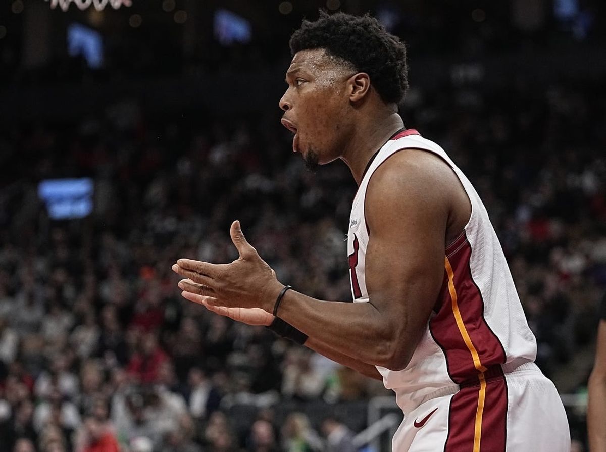Jan 17, 2024; Toronto, Ontario, CAN; Miami Heat guard Kyle Lowry (7) reacts after a play against the Toronto Raptors during the second half at Scotiabank Arena.