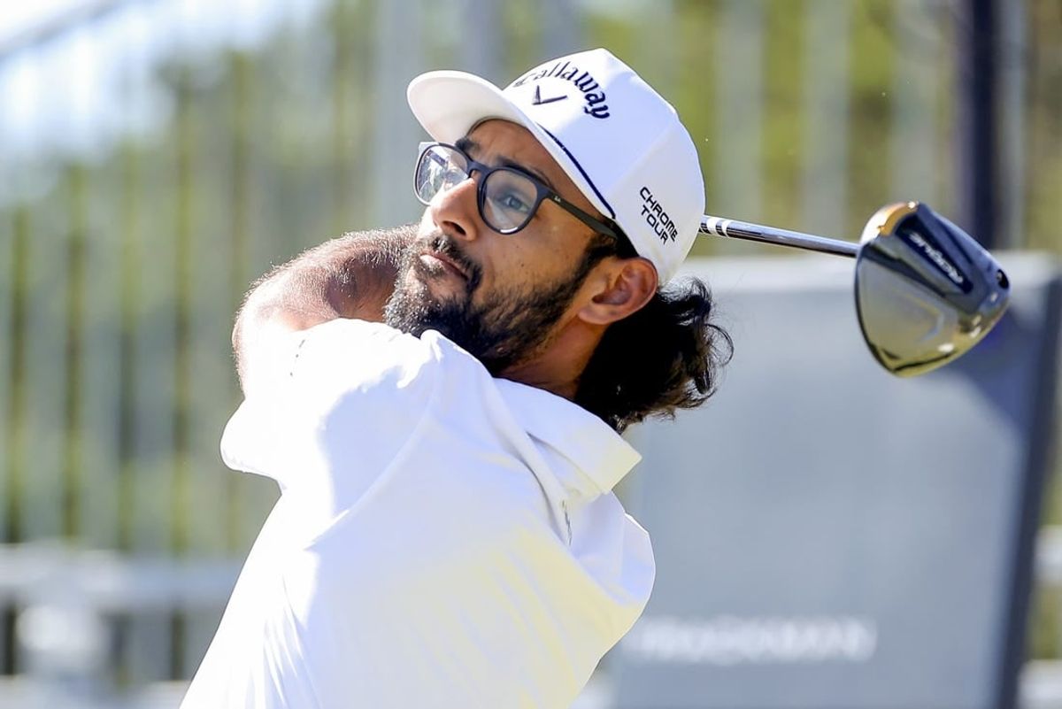 Apr 4, 2024; San Antonio, Texas, USA; Akshay Bhatia tees off from the 10th hole during the first round of the Valero Texas Open golf tournament.
