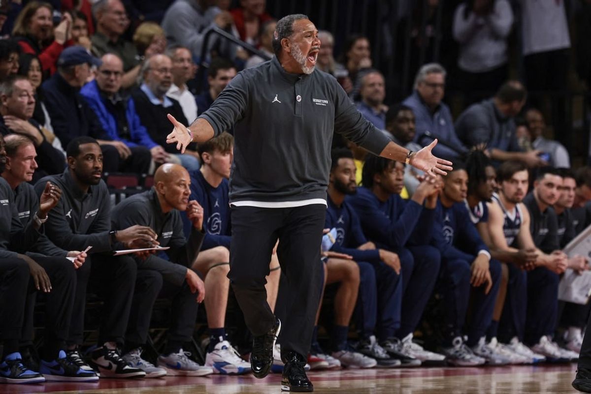 Nov 15, 2023; Piscataway, New Jersey, USA; Georgetown Hoyas head coach Ed Cooley reacts during the first half against the Rutgers Scarlet Knights at Jersey Mike's Arena.