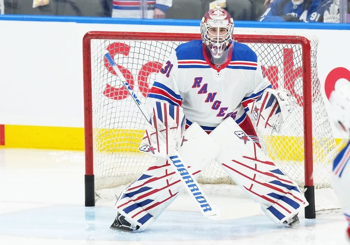 Dec 19, 2023; Toronto, Ontario, CAN; New York Rangers goaltender Igor Shesterkin (31) takes pucks during the warmup against the Toronto Maple Leafs at Scotiabank Arena.