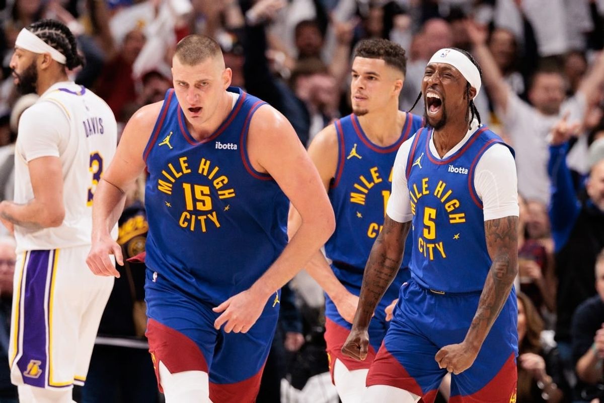 Apr 20, 2024; Denver, Colorado, USA; Denver Nuggets guard Kentavious Caldwell-Pope (5) reacts during the third quarter against the Los Angeles Lakers in game one of the first round for the 2024 NBA playoffs at Ball Arena.