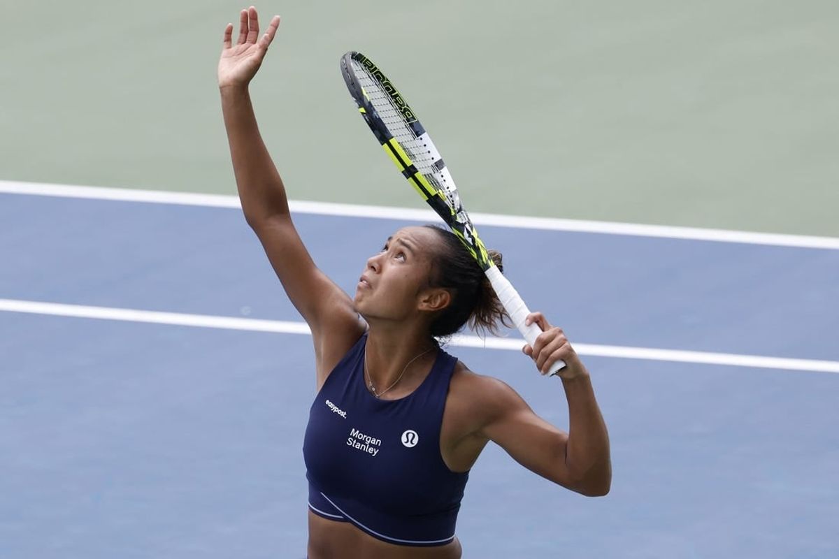 Aug 29, 2023; Flushing, NY, USA; Leylah Fernandez of Canada serves against Ekaterina Alexandrova (not pictured) on day two of the 2023 U.S. Open tennis tournament at USTA Billie Jean King National Tennis Center.