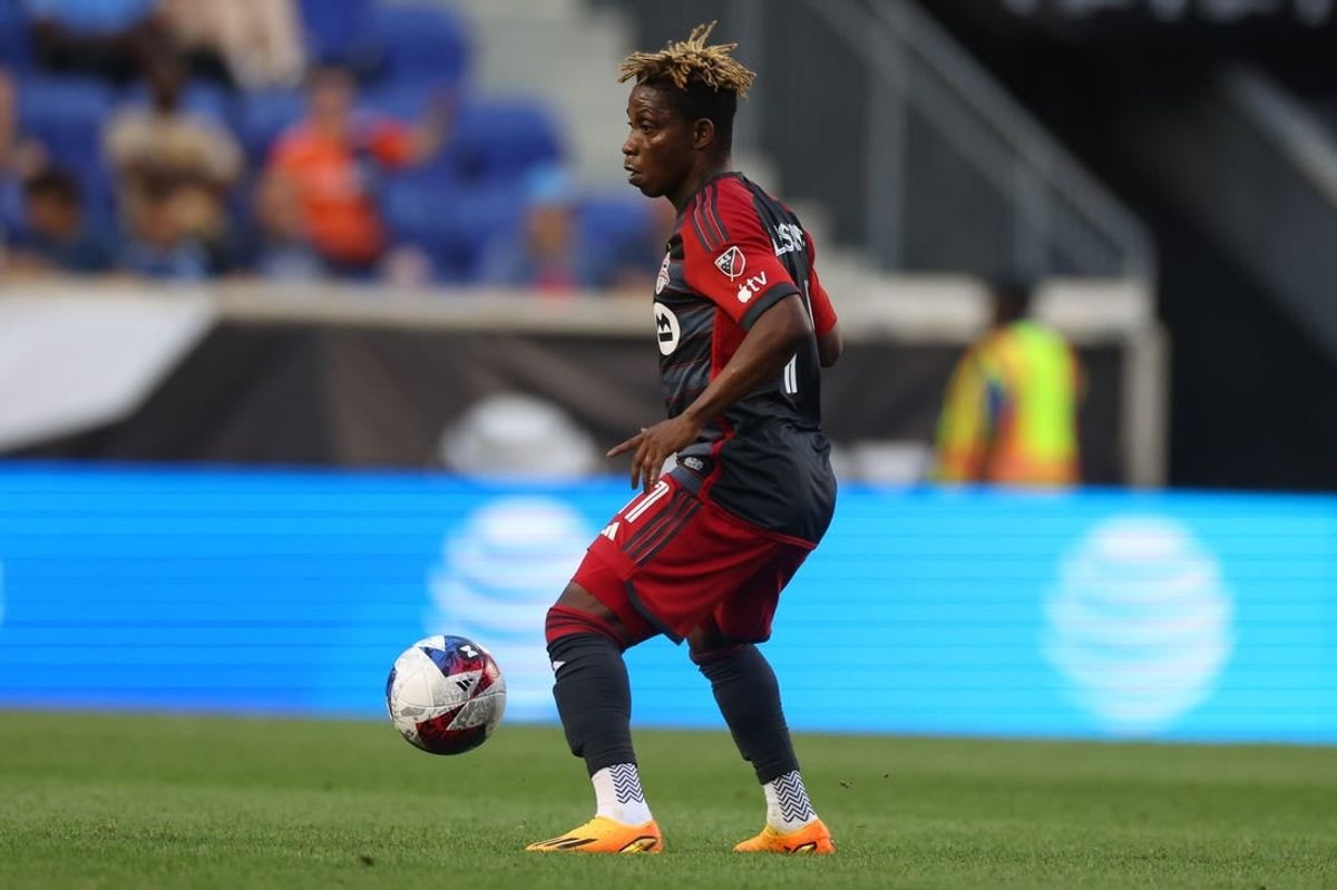 Jul 26, 2023; Harrison, NJ, USA; Toronto FC midfielder Latif Blessing (11) controls the ball against New York City FC during the first half at Red Bull Arena.