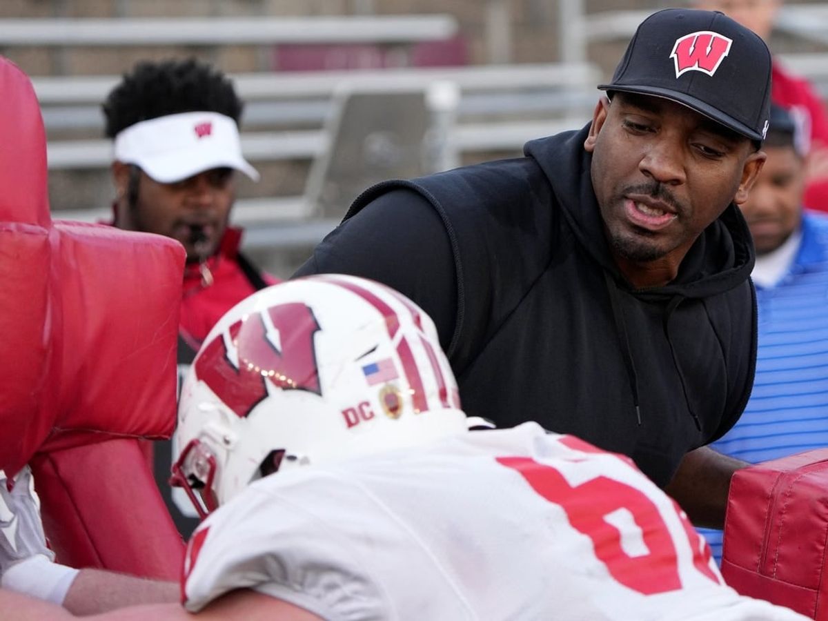 Apr 11, 2023; Madison, WI, USA; Wisconsin defensive line coach Greg Scruggs is shown during practice Tuesday, April 11, 2023 at Camp Randall Stadium in Madison, Wis.