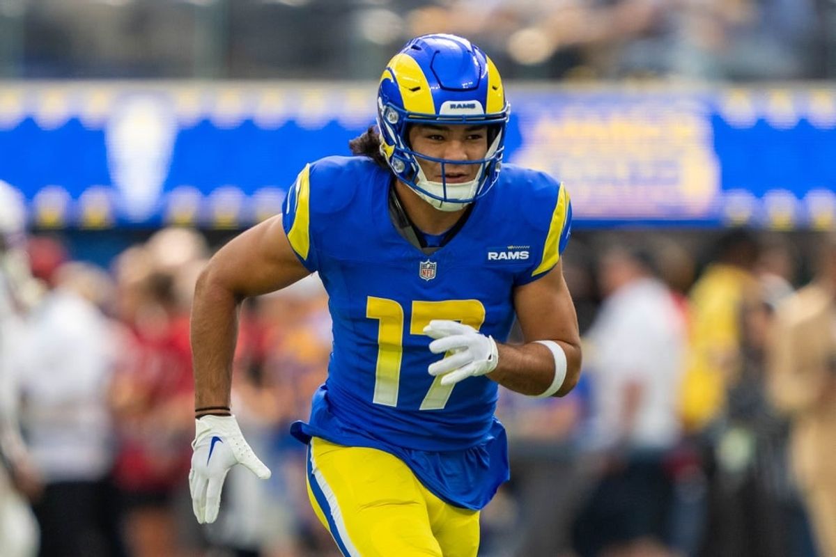 October 15, 2023; Inglewood, California, USA; Los Angeles Rams wide receiver Puka Nacua (17) warms up before the game against the Arizona Cardinals at SoFi Stadium.