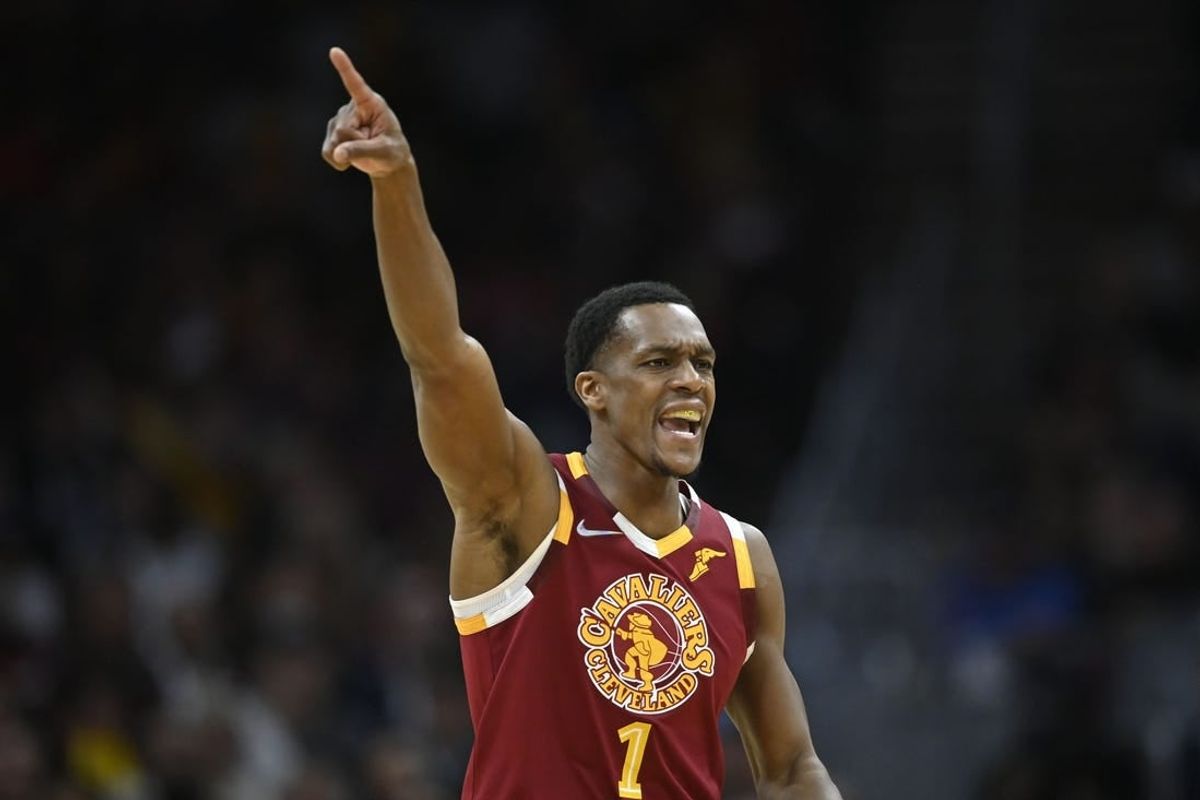 Apr 15, 2022; Cleveland, Ohio, USA; Cleveland Cavaliers guard Rajon Rondo (1) runs the offense in the fourth quarter against the Atlanta Hawks at Rocket Mortgage FieldHouse.