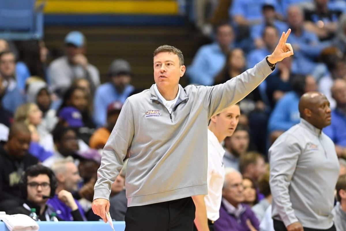Nov 20, 2022; Chapel Hill, North Carolina, USA; James Madison Dukes head coach Mark Byington reacts in the second half at Dean E. Smith Center.