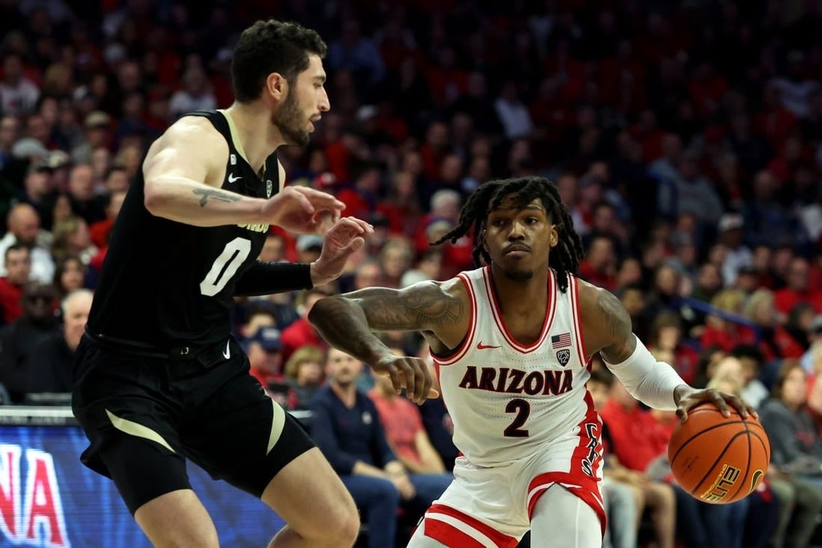 Jan 4, 2024; Tucson, Arizona, USA; Arizona Wildcats guard Caleb Love (2) drives to the net against Colorado Buffaloes guard Luke O'Brien (0) during the second half at McKale Center.