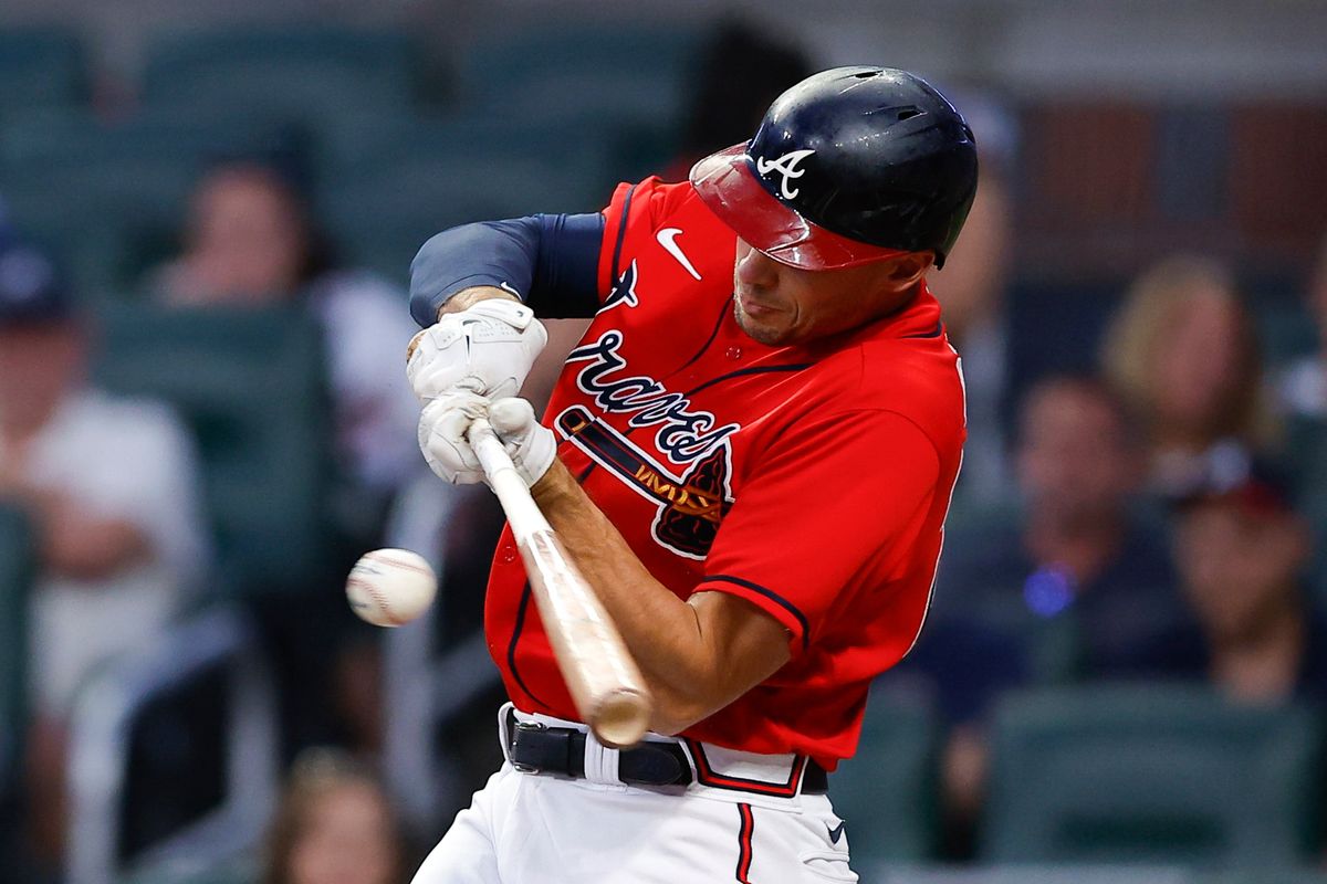 ATLANTA, GEORGIA - SEPTEMBER 29: Matt Olson #28 of the Atlanta Braves hits an RBI single during the first inning against the Washington Nationals at Truist Park on September 29, 2023 in Atlanta, Georgia. (Photo by Todd Kirkland/Getty Images)