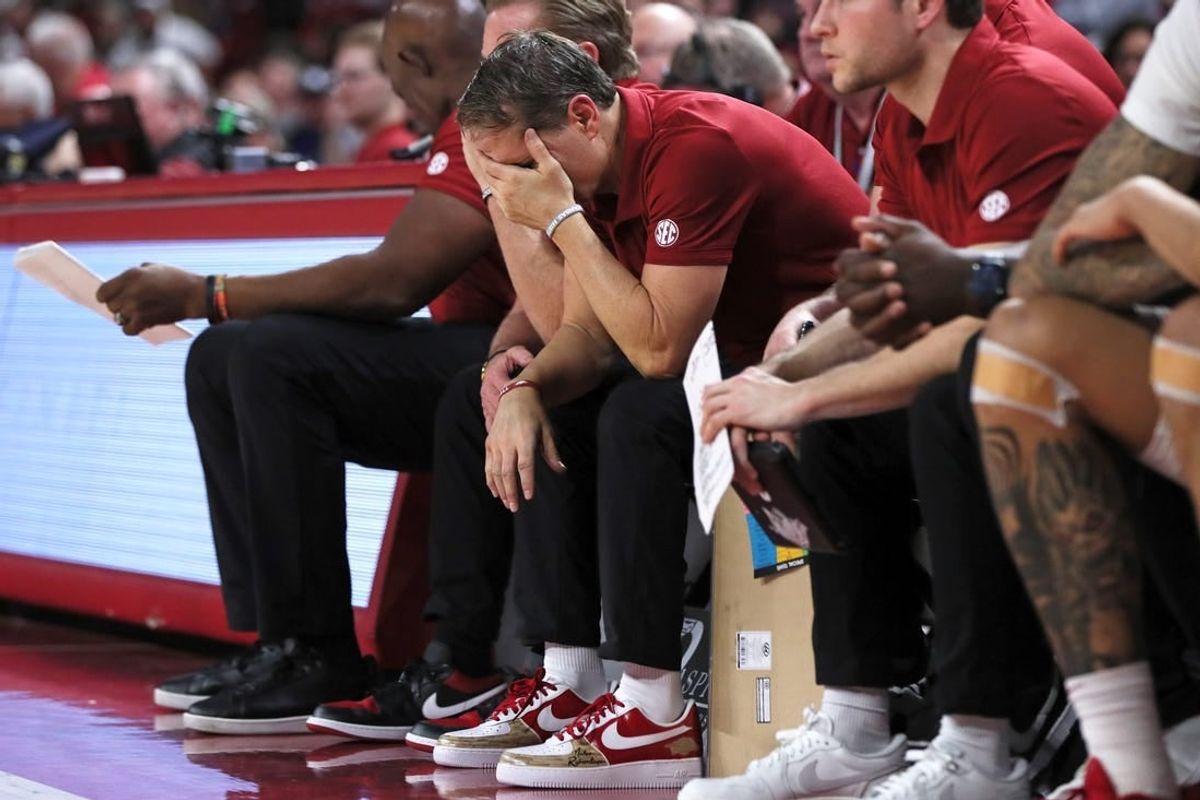 Jan 27, 2024; Fayetteville, Arkansas, USA; Arkansas Razorbacks head coach Eric Musselman during the second half against the Kentucky Wildcats at Bud Walton Arena. Kentucky won 63-57.