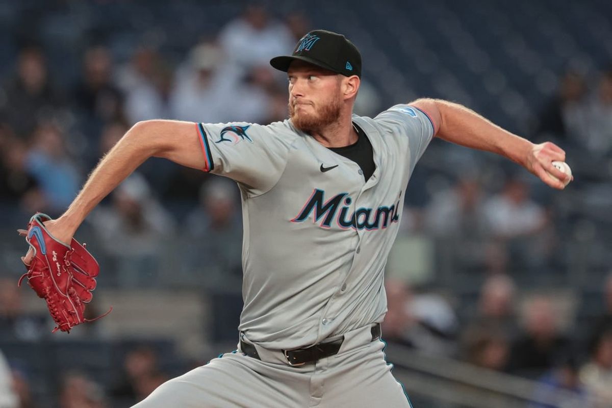 Apr 9, 2024; Bronx, New York, USA; Miami Marlins pitcher A.J. Puk (35) delivers a pitch during the first inning against the New York Yankees  at Yankee Stadium.